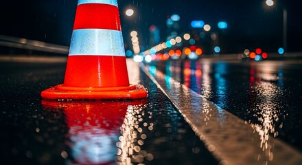 Nighttime urban traffic safety with reflective traffic cone in rainy weather, roads and lights bokeh for city infrastructure and roadwork themes