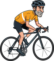 Obraz premium Cartoon road cyclist vector illustration, man riding racing bicycle, sports athlete in helmet and jersey, dynamic cycling character design for fitness