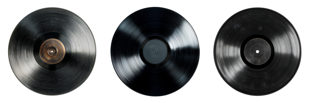 Three vintage vinyl records in a row isolated on a transparent background