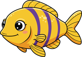 Cartoon tropical fish vector illustration, cute yellow purple striped aquarium animal, colorful marine life icon, playful underwater character design for kids