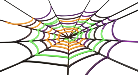 A Colorful Halloween Spider Web With Orange Purple And Green Strands On A Transparent Background Creating A Festive And Spooky Visual