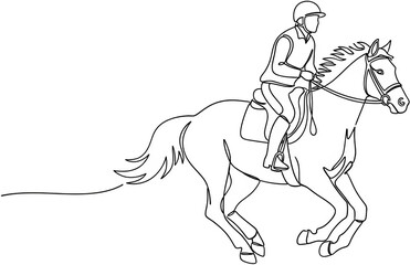 Fototapeta premium Line art sketch of a person wearing a helmet and riding a galloping horse with a flowing mane and tail Equestrian Rider Horseback