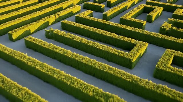 Aerial View of a Green Hedge Maze, Sunlight Illuminating the Edges, Creating a Complex Pattern