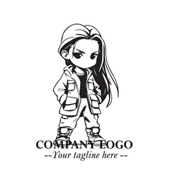 Black and White Chibi Girl Standing in Jacket, Pants, and Boots. Simple Bold Vector Illustration