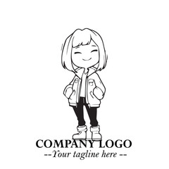 Black and White Chibi Girl Standing in Jacket, Pants, and Boots. Simple Bold Vector Illustration