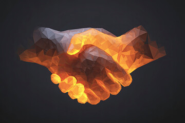 Low-poly glowing orange handshake artwork