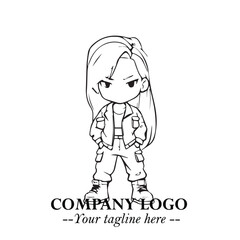 Black and White Chibi Girl Standing in Jacket, Pants, and Boots. Simple Bold Vector Illustration
