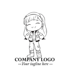 Black and White Chibi Girl Standing in Jacket, Pants, and Boots. Simple Bold Vector Illustration