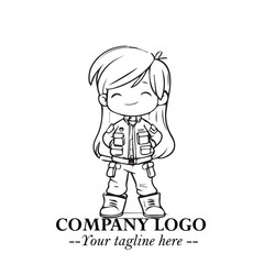 Black and White Chibi Girl Standing in Jacket, Pants, and Boots. Simple Bold Vector Illustration