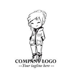 Black and White Chibi Girl Standing in Jacket, Pants, and Boots. Simple Bold Vector Illustration
