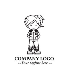 Black and White Chibi Girl Standing in Jacket, Pants, and Boots. Simple Bold Vector Illustration