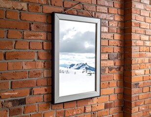 Framed mountain landscape on a brick wall