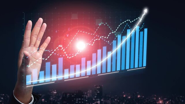 An innovative scene depicting a hand interacting with digital financial data overlaid on a city skyline at night, symbolizing growth and success in business. Copula - Powered by Adobe