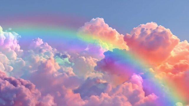 Vibrant sunset clouds cradle a bright arc of rainbow, across a gentle pink and blue sky, shimmering!