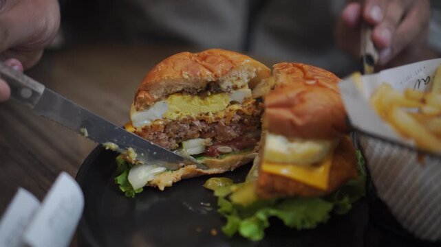 Split the burger with a knife and it's ready to eat.