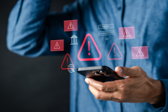 Mobile cybersecurity alert with red warning, login credentials, and digital risk notifications. data breach, identity theft, online fraud, and threat detection technology.