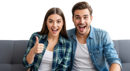 Excited young couple sitting on a sofa giving a thumbs up gesture expressing happiness and positive emotions