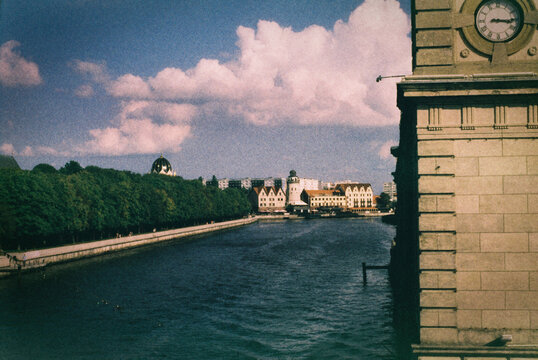 Riverside View with Clock Tower in Kaliningrad, Russia  
