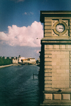 Riverside View with Clock Tower in Kaliningrad, Russia  
