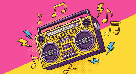 Retro boombox illustration with musical notes and lightning bolts vintage style vector graphic for music events and 80s themed designs
