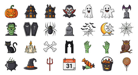 Fototapeta premium Halloween icon set spooky vector illustration with traditional symbols perfect for web design and holiday themed projects