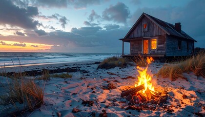 A rustic wooden structure rests on a sandy shore as waves crash during the twilight hours. A bonfire glows brightly in front