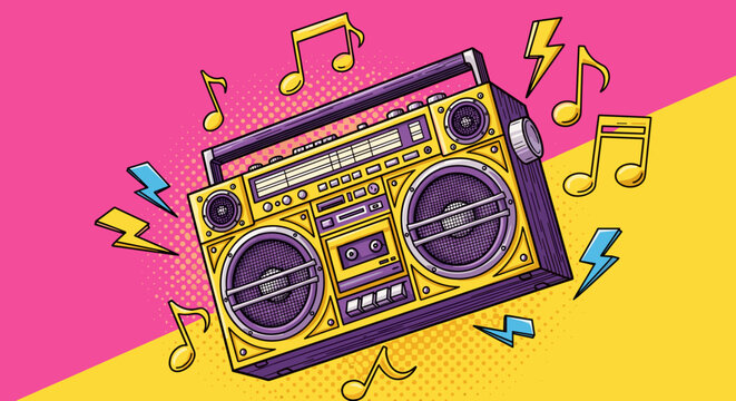 Retro boombox illustration with musical notes and lightning bolts vintage style vector graphic for music events and 80s themed designs