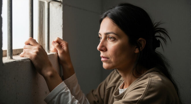 A woman's pensive expression captured behind prison bars, conveying a sense of confinement and contemplation.