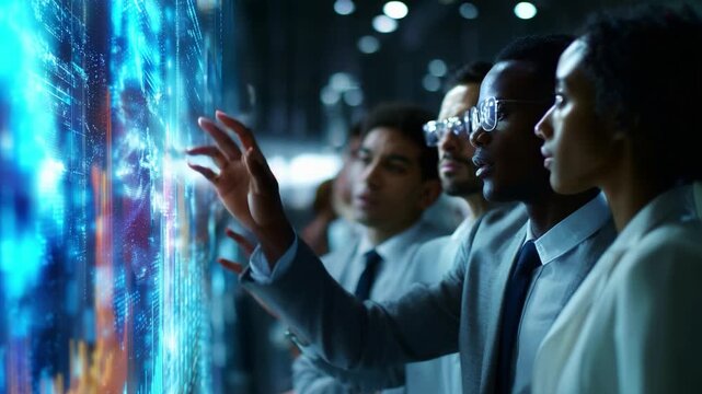 A group of professionals engaging with advanced digital technology, analyzing interactive data visualizations and digital interfaces for insights and innovative solutions. - Powered by Adobe