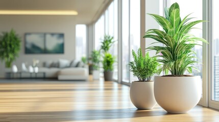 Bright interior with plants and large windows, modern design.