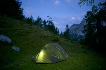 Camping Under the Stars in a Quiet Mountain Valley at Dusk