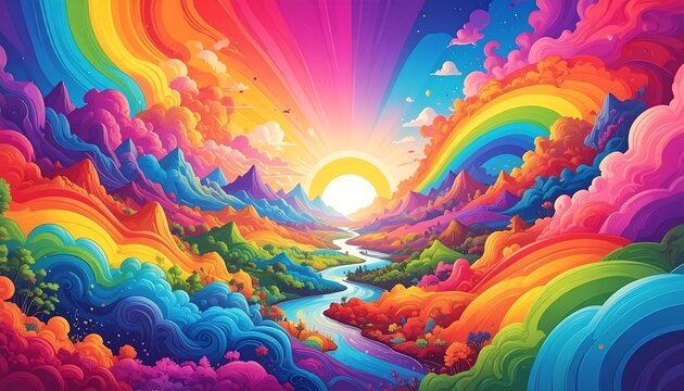 A vibrant, psychedelic landscape with a river flowing between colorful mountains under bright rainbows and a sunny sky
