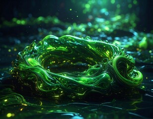 Glossy, abstract green ring with flowing, organic shapes and luminous effects