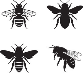 Bee Silhouette Collection – Black Insect Icons with Wings and Antennae on White Background