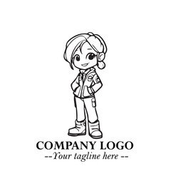 Black and White Chibi Girl Standing in Jacket, Pants, and Boots. Simple Bold Vector Illustration