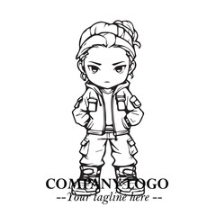 Black and White Chibi Girl Standing in Jacket, Pants, and Boots. Simple Bold Vector Illustration