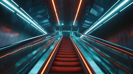 Futuristic Escalator with Neon Lights in a Modern Building.