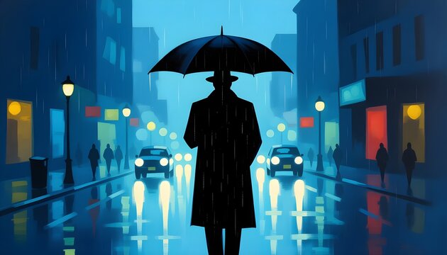 Silhouette of a man in a dark coat and fedora holding an umbrella in heavy rain. Blurred city lights and buildings in the background create a moody, cinematic, and mysterious atmosphere.2 - Powered by Adobe