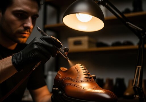 A shoemaker applying paint to a brown leather shoe with an airbrush in his workshop, showcasing craftsmanship and attention to detail