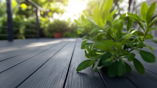 Outdoor deck surface with green plant and bright sunlight