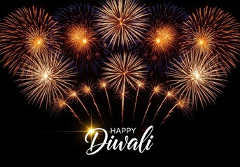 A vibrant display of colorful fireworks illuminates the night sky with the text happy diwali wishing a joyous celebration