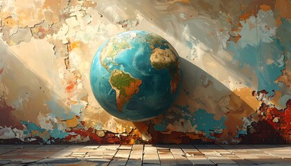 A stylized Earth globe floats against a distressed wall with peeling paint and a weathered brick floor