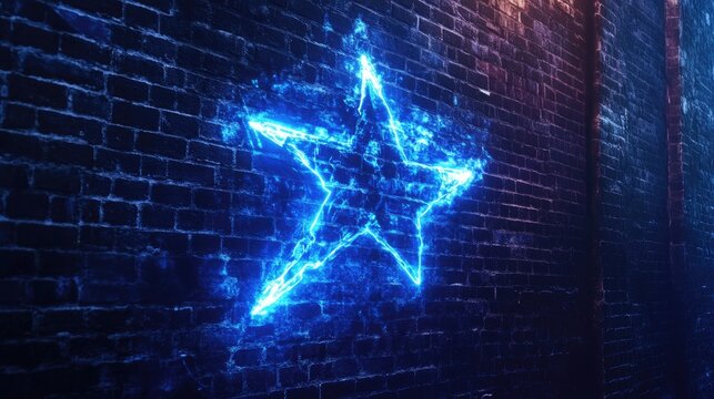 Glowing Blue Star Energy Effect on a Brick Wall.