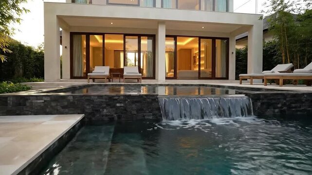 modern luxury villa with infinity pool and cascading water feature at dusk seamless ai generated architectural exterior. Cozy villa by pool at dusk. Modern home exterior view