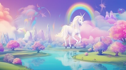 Obraz premium Whimsical Unicorn in a Dreamlike Fantasy Landscape with Rainbow and Pastel-Colored Trees