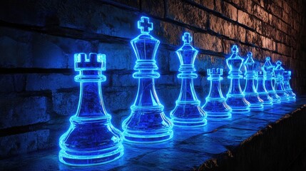 Luminous Chess Pieces Arrayed on a Dark Brick Wall.