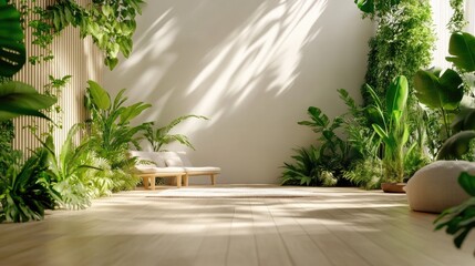 Lush Indoor Garden with Sunlight and Wooden Floor.
