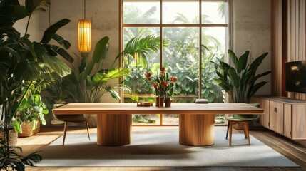Luxurious Dining Room with Abundant Natural Light and Lush Greenery.