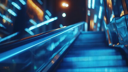 Modern Escalator with Blue Neon Lights in a Futuristic Setting.