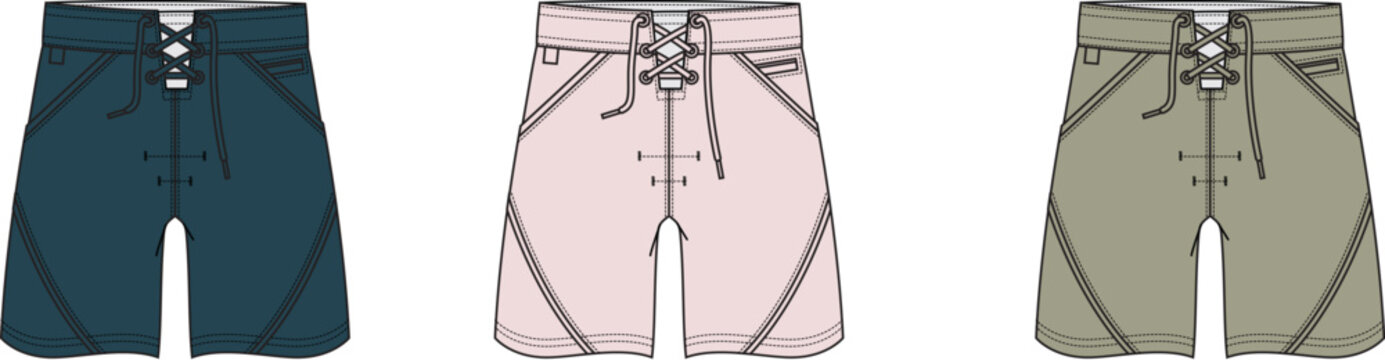 Men's casual boardshorts with lace-up fly, technical flat sketch set. Vector illustration for clothing design and fashion mockups
